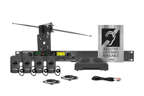 This picture includes one (1) Stationary RF Transmitter (216 MHz), one (1) Universal Antenna Kit (72 MHz and 216 MHz), one (1) Universal Rack Mounting Kit, four (4) Intelligent DSP RF Receiver (216 MHz), four (4) Universal Ear Speaker, two (2) Intelligent Earphone/Neck Loop Lanyard, one (1) 4-Port USB Charger, one (1) Dual RCA to Dual RCA Cable 2 m (6.6 ft.), and one (1) LA-304 Assistive Listening Notification Signage Kit.