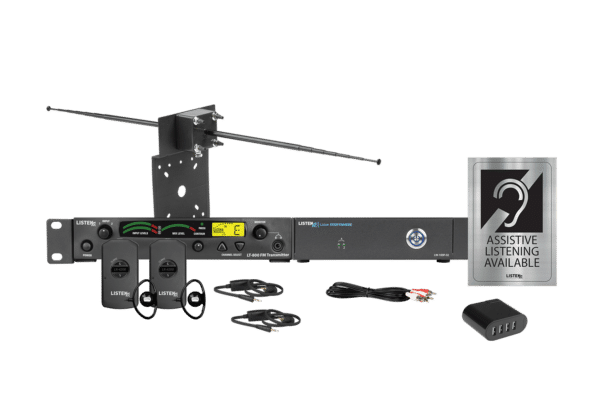 Composite image of a combo system featuring RF transmitter, WiFi server, two RF receivers, two neck loops, one charger, one USB port charger, signage, and an antenna.