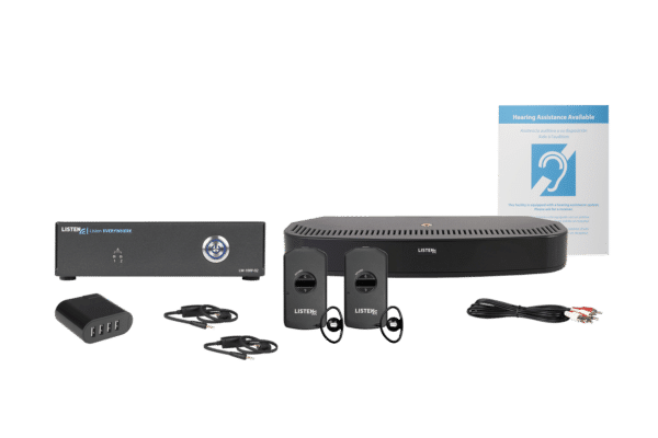 Composite image of a combo system featuring one infrared transmitter/radiator, one wifi server, one 4-port USB charger, two neck loops, two IR receivers, charging cord, and signage.