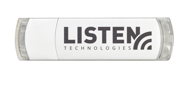 USB flash drive with the Listen Technologies logo in black