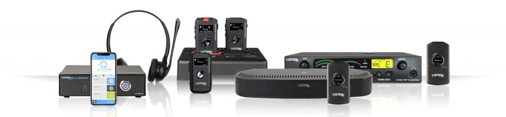 Photo de groupe de chaque ligne de produits du catalogue de Listen Technologies.