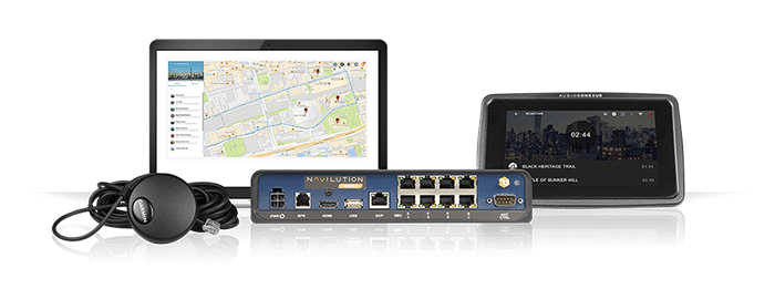 Collage of all products needed for Listen NAVILUTION - including a gps device, monitor, server, and display