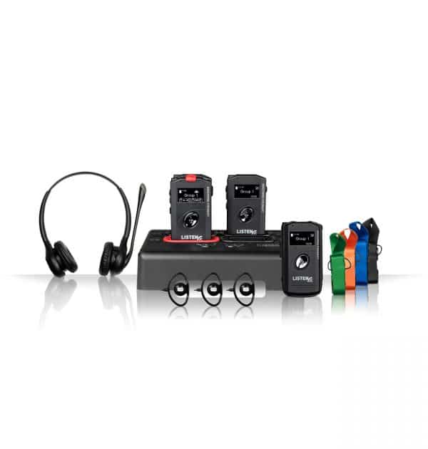 Product image of ListenTALK transceivers in docking station with headphones and lanyards.