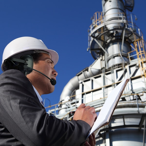 Safety manager at manufacturing plant checking equipment. Wearing hardhat with headphones and microphone.