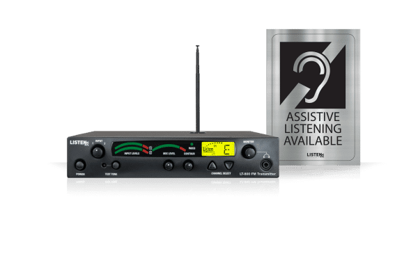 Stationäres 72-MHz-HF-Senderpaket mit Assistive Listening Verfügbares Metallschild mit schwarzer Beschriftung