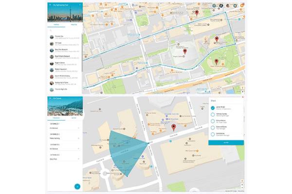 Capturas de pantalla del software Cortex que muestran mapas de Google y ubicaciones enumeradas en el lado izquierdo de la pantalla