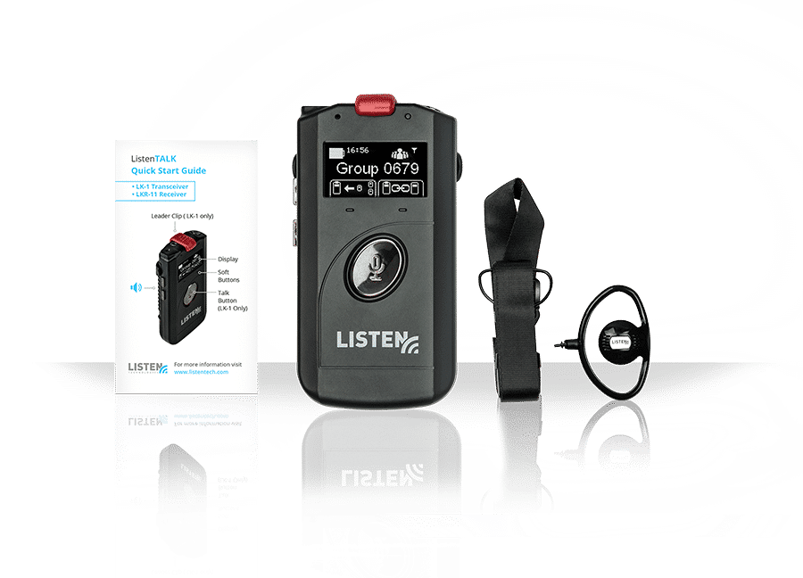 Front view of ListenTALK transceiver with headset accessories.