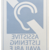 View of the sticker from the other side so the text is backwards, but reads, Assistive Listening Available, with the Listen Technologies logo