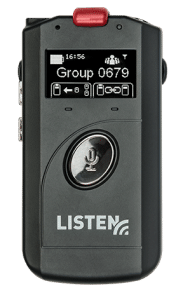 Front view of ListenTALK Transceiver with leader clip