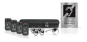 ListenTALK Americans with Disabilities Act (ADA) portable assistive listening kit which includes four transceivers (two-way devices), four over the ear speakers, one headset with mic, a carrying case, and an assistive listening available sign