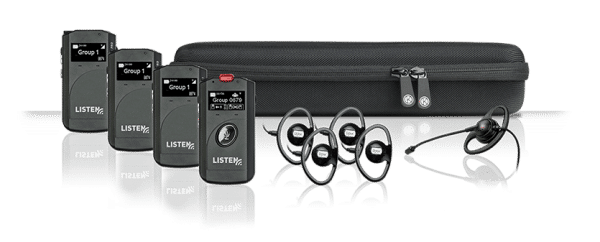ListenTALK system composite with one transceiver, three receivers, four over the ear headsets, one microphone headset in front of a soft-side black, zipper-closed case.