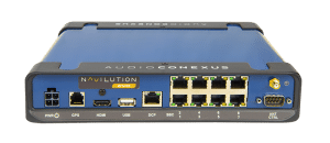 LN100E Navilution EVO Server - blue box with inputs and outputs for power, GPS, HDMI, USB, DCP, SBCs, ANT Ctrl