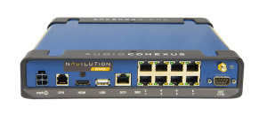 LN100E Navilution EVO Server - blaue Box mit Ein- und Ausgängen für Strom, GPS, HDMI, USB, DCP, SBCs, ANT Ctrl