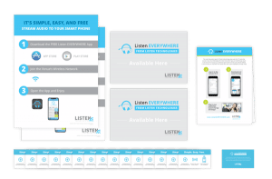 LW-202 LE Venue Awareness Kit que incluye letreros que dicen: "Escuche EN TODAS PARTES de las tecnologías de escucha disponibles aquí" y "Es simple, fácil y gratis. 1. Descargue la aplicación gratuita Listen EVERYWHERE, 2. Únase a la red inalámbrica del lugar y 3. Abra la aplicación y disfrute