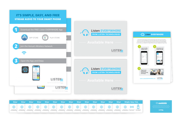 Kit de sensibilisation au lieu LW-202 LE comprenant une signalisation indiquant « Écoutez PARTOUT de Listen Technologies Available Here » et « C'est simple, facile et gratuit. 1. Téléchargez l'application gratuite Listen EVERYWHERE, 2. Rejoignez le réseau sans fil du lieu et 3. Ouvrez l'application et profitez