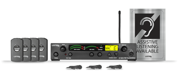 Assistive Listening DSP Value Package (72 MHz) composite showing transmitter, four receivers, Assistive Listening Available sign, and three ear bud sets.