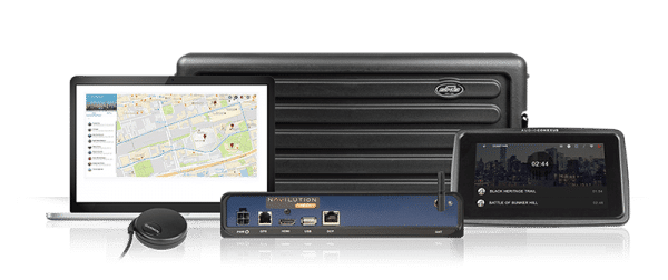 Composite of Listen NAVILUTION LNS-300N including server, display control panel, GPS antenna, software, and hard cover carrying case.