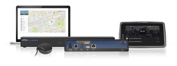 Listen Technologies Navilution ListenEverywhere LNS-204N 4 channel server shown with laptop showing Cortex mapping software, a GPS receiver antenna, a digital control display, and a Navilutiopn server