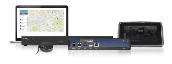 Product family photo of the Listen Navilution and Listen Everywhere servers with GPS displays