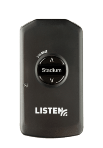 Black LR4200 216 MHz radio frequency receiver with the word stadium displaying as the channel name and the Listen Technologies logo