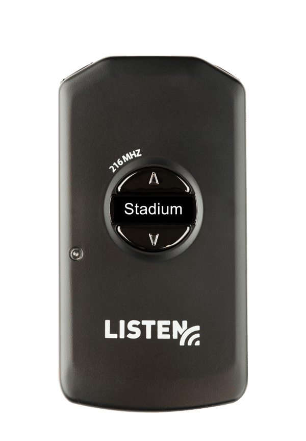 Schwarzer LR4200 216 MHz Funkempfänger mit dem Wort Stadion als Kanalname und dem Listen Technologies Logo