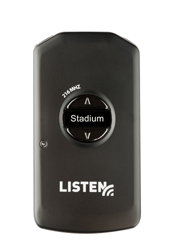 Black LR4200 216 MHz radio frequency receiver with the word stadium displaying as the channel name and the Listen Technologies logo