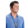 Man smiling wearing an Intelligent DSP RF Receiver with a neckloop and earbud