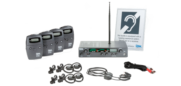 Group product photo of Listen RF system that has four receivers, four headphone sets, two neck loops, a coax cable, a server, and ADA signage