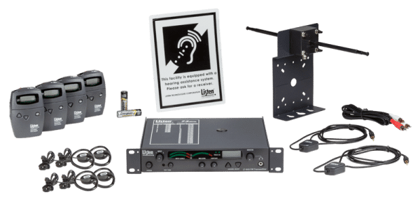 Group photo of the Listen RF system that has four receivers, four headphones, one server, two neck loops, one coax cable, one antenna, ADA signage, and two rechargeable batteries