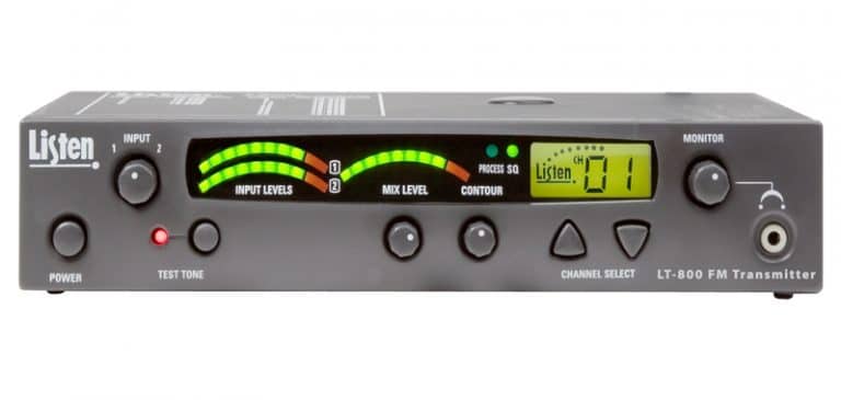 LT800 150 MHz stationary RF Transmitter - black rectangular box with meters, an LCD display showing channel selection, and a Listen Technologies logo