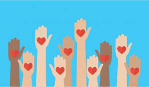 Illustration of group of people raising their hand with a heart in their palm