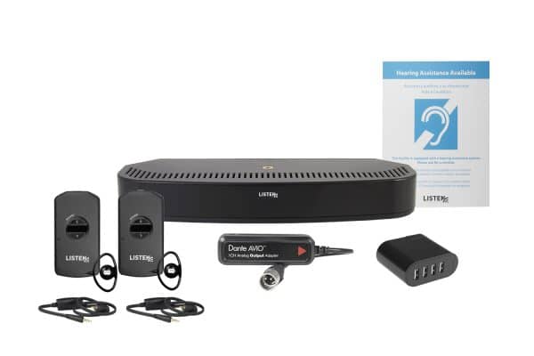 Composite image of an infrared transmitter, two IR receivers, two earbuds, Dante dongle, one charger, and signage.