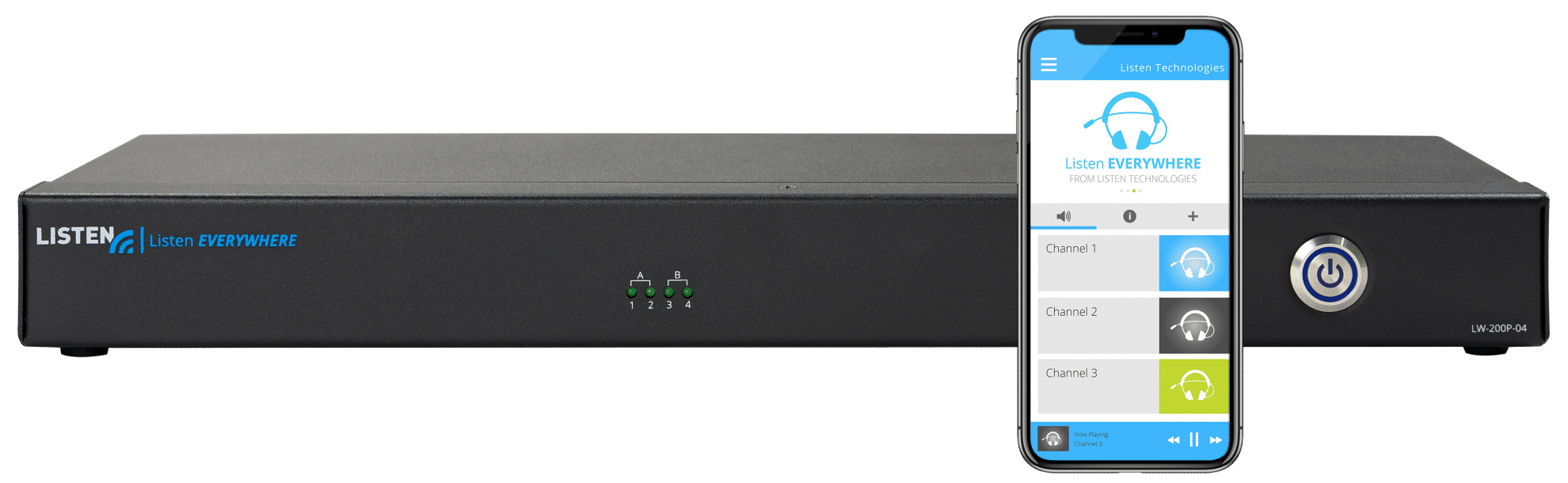 Front view of Listen EVERYWHERE server. Smartphone with Listen EVERYWHERE app on display.