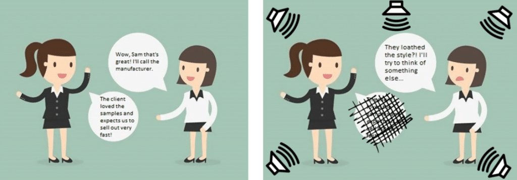 Infographic of two women talking together and of them trying to communicate with ambient noise coming from speakers