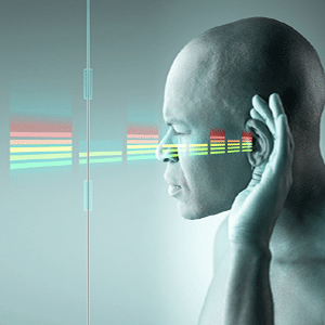 Man putting his hand up to his ear listening to illustrated sound bars