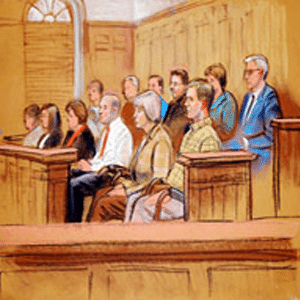 Dessin d'artiste du jury dans une salle d'audience regardant droit devant