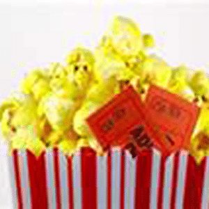 Red and white striped box of yellow movie theater popcorn with two red admit one tickets tucked inside