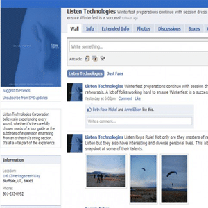 Screenshot della pagina del profilo Facebook di Listen Technologies
