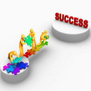 Illustration of people using puzzle pieces to build a bridge to a platform that says success