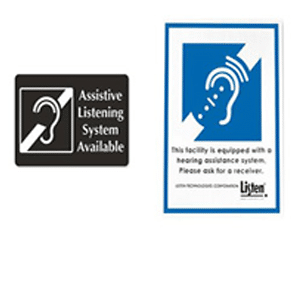 Examples of two different assistive listening systems available signs