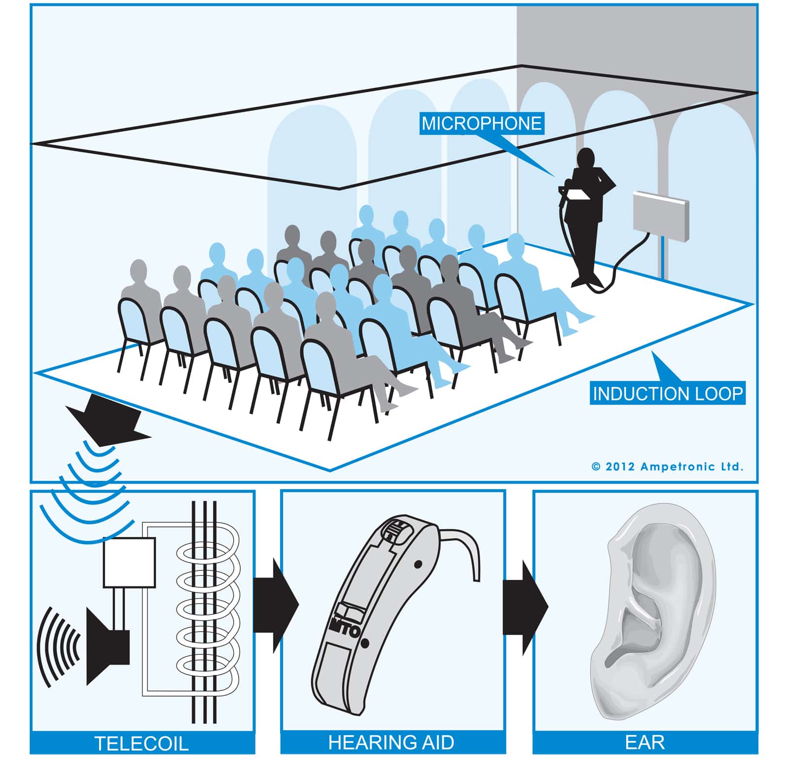 How a loop system works infographic. Audio comes through microphone, through telecoil and hearing aid, and then to end user's ear.