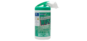 Container of disinfecting wipes