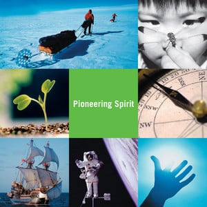 Collage of different images in nature with "pioneering spirit" in the center