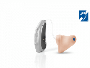 Hearing aid with assistive listening logo in corner