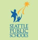 Logotipo de las Escuelas Públicas de Seattle, fondo verde claro, letras azules con figuras azules que parecen una maestra y un niño con una estrella amarilla que se eleva con dos colas de cinta