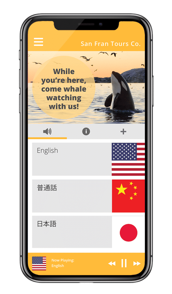Customized Listen everywhere app interface for San Fran Tours Co. with an orca whale whale watching banner and channels showing different languages
