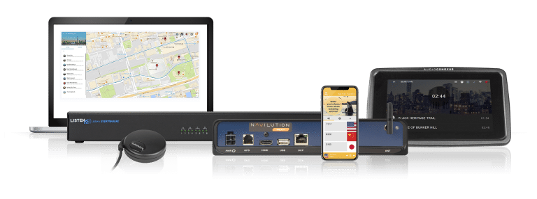 ListenTech Navilution ListenEverywhere LNS-208N 8 Collage mit Cortex-Software auf einem Laptop-Bildschirm, einer GPS-Antenne, einem Listen EVERYWHERE-Server, einem Navilution Next-Server, einer Display-Systemsteuerung und einem Telefon mit der Listen EVERYWHERE-App