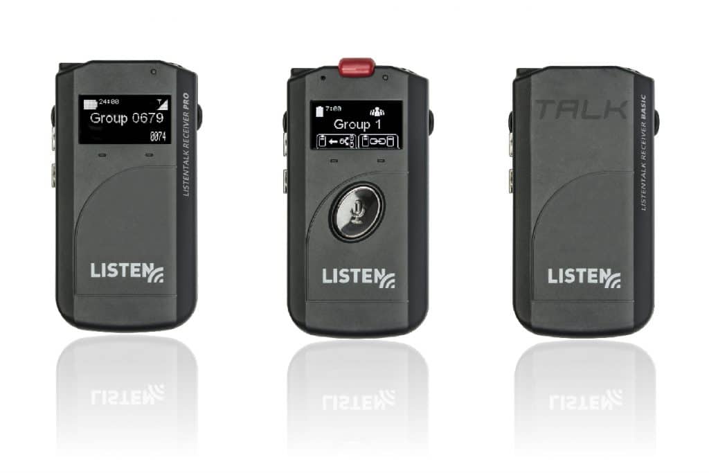 Three separate ListenTALK receivers in a row with different group names on each display screen.