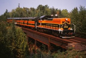 Tren que cruza un puente a través de altos bosques de pinos.