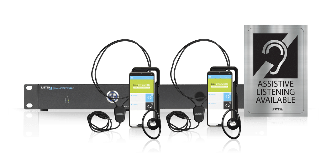 Servidor Wi-Fi con dos receptores 1020 y auriculares y un cartel de disponibilidad de asistencia auditiva